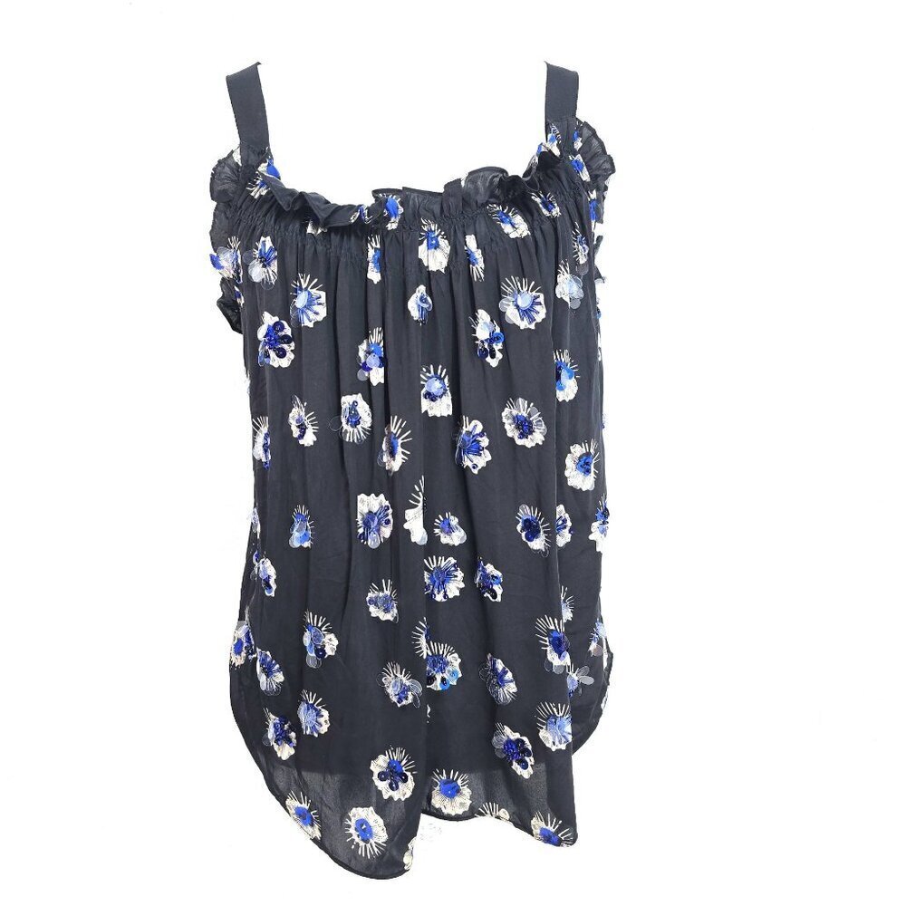 Rebecca Taylor Black Blue Floral Sequined Pleated Silk Tank Top Women Size 6